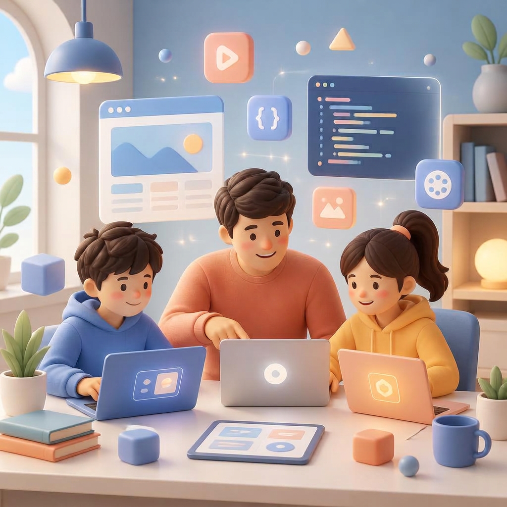 A parent and two children happily building apps together on laptops